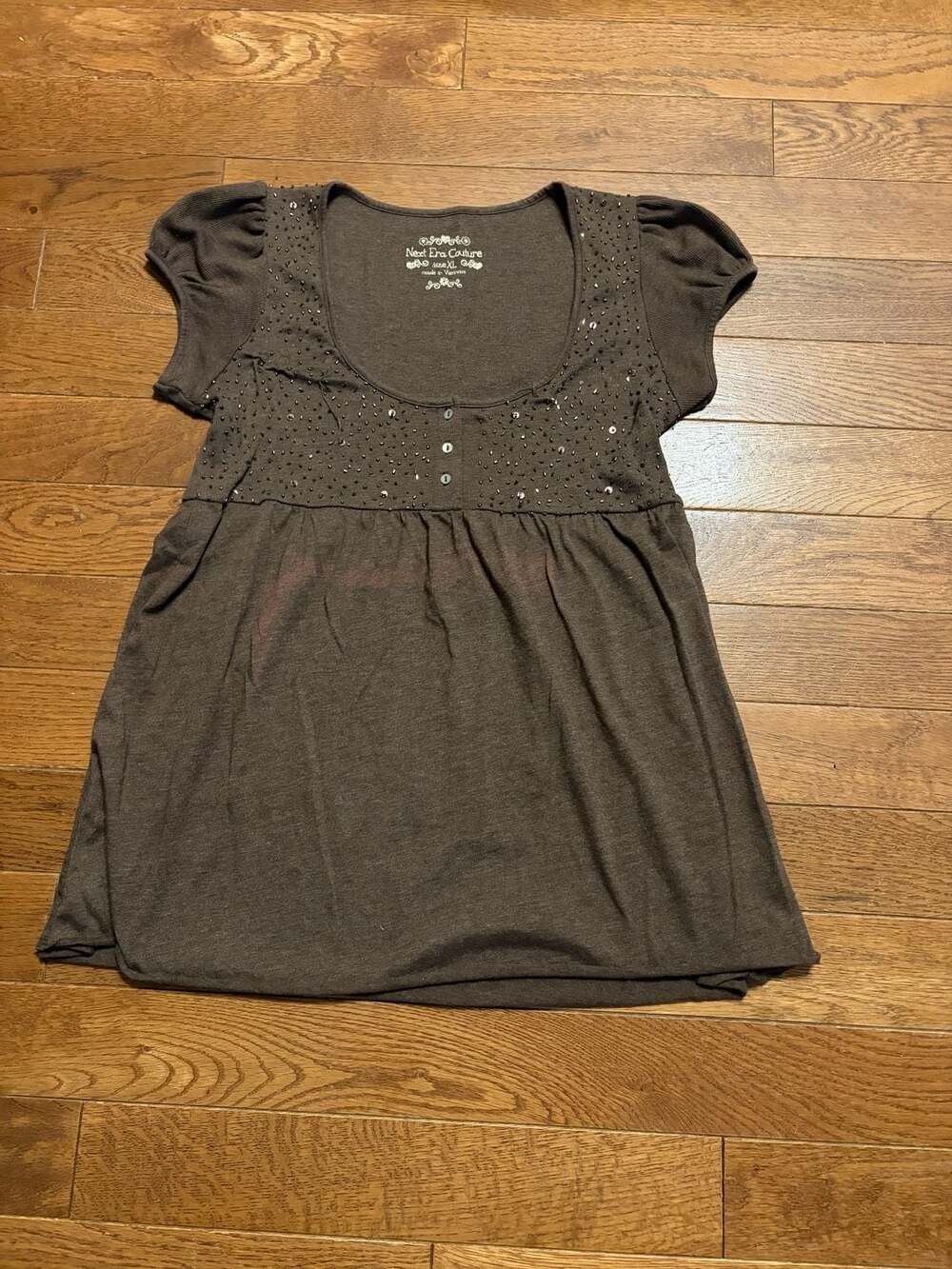 Y2K 2000’s Next Era Couture Blouse Size XL Brown Beaded Short Sleeve Top